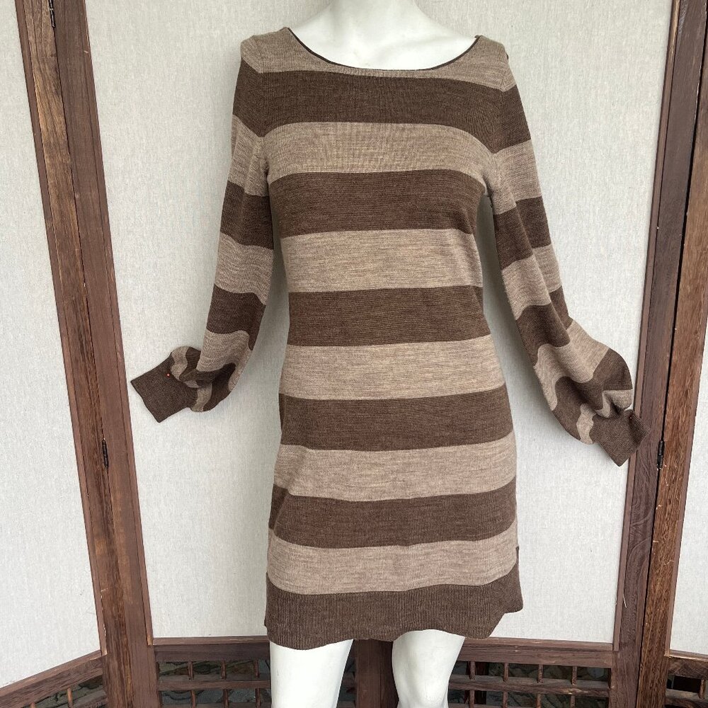 Brown & Tan Striped Wool Blend Sweater Dress